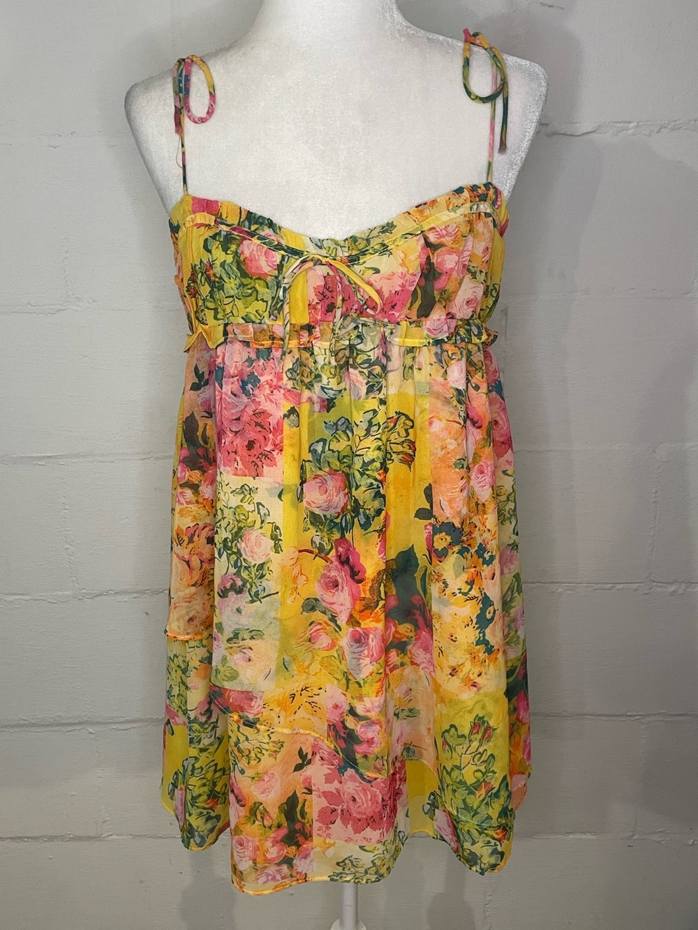 Yellow Floral Tie-Shoulder Mini Dress